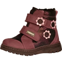Szamos bordó-mályva csillogó bőr magas szárú két tépőzáras texes, vízálló, téli ,bélelt , lány bakancs virágokkal