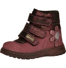 Szamos bordó-csillogó bőr magas szárú két tépőzáras texes, vízálló, téli, bélelt  lány bakancs rózsaszín virágokkal