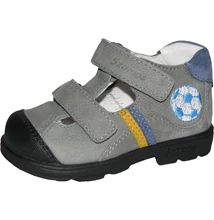 Szamps szupinált szürke-kék felvezetőpántos fiú nyitott szandálcipő focilabda mintával