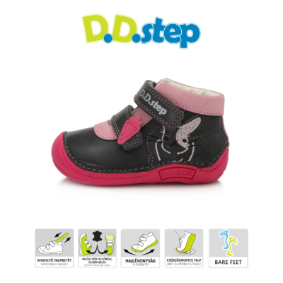 D.D.step fekete-rózsaszín két tépőzáras első lépés lány Barefoot(mezitlábas)cipő nyuszi mintával és répa a tépőzároncipő