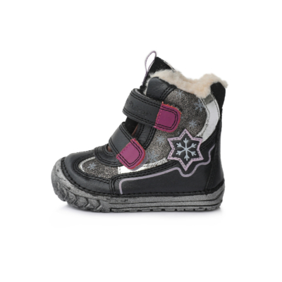 D.D.Step Vízlepergető fekete-ezüst két tépőzáras magas szárú,téli,bélelt kislány cipő csillag mintával