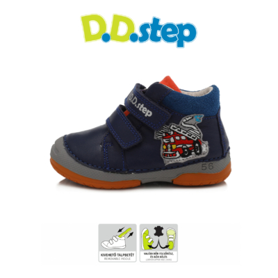 D.D.step kék-narancssárga kék tét tépőzáras fiú cipő tűzoltó mintával, első lépés cipőnek is alkalmas