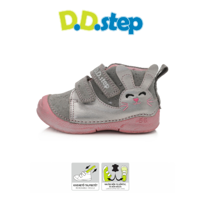 D.D.step ezüst-szürke két tépőzáraas első lépés lány cipő cuki nyuszi mintával