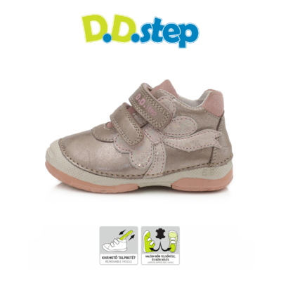 D.D.step pezsgőszínű két tépőzáras lány cipő masni mintával, első lépés cipőnek is alkalmas