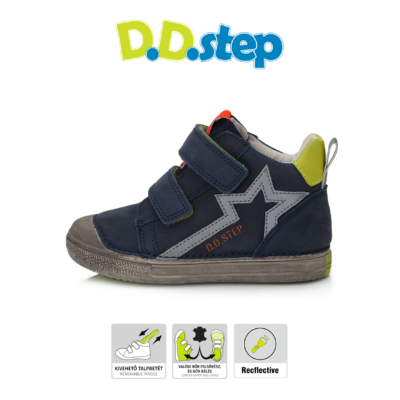 D.D.step kék-zöld magas szárú két tépőzáras fiú cipő csillag mintával erősített orral
