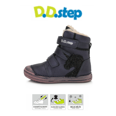 D.D.Step kék három tépőzáras,, téli,bélelt,Vízlepergető kislány bokacipő unikornis mintával