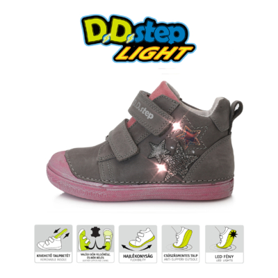 D.D.step szürke-rózsaszin magas szárú két tépőzáras lány cipő viilágítós