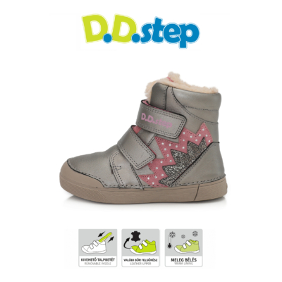 D.D.Step ezüst-rózsaszín magas szárú két tépőzáras ,téli, bélelt, Vízlepergető kislány bokacipő