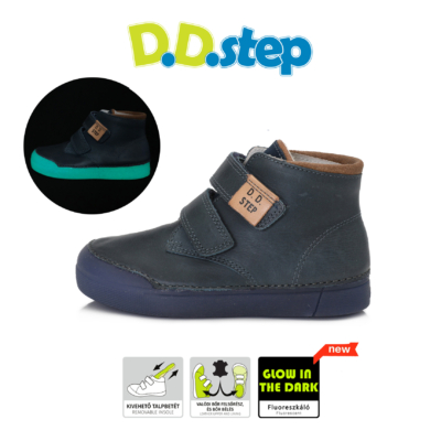 D.D.step kék magas szárú két tépőzáras fiú cipő  fluoreszkáló talppal