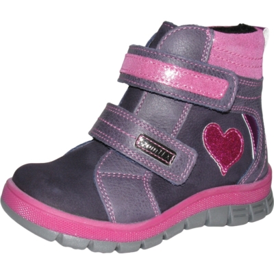 Szamos lila-rózsaszín magas szárú két tépőzáras  texes,vízálló,téli,bélelt  lány cipő csillogó szívecske hímzéssel