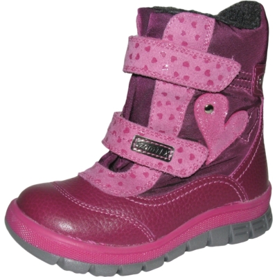 Szamos mályva-pink  magas szárú két tépőzáras texes,vízálló,téli,bélelt lány bakancs csillogó szívecskével