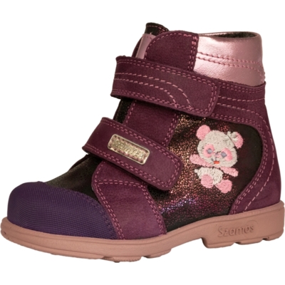Szamos szupinált lila-pink két tépőzáras magas szárú , texes,vízálló,téli,bélelt lány cipő maci hímzéssel mintával