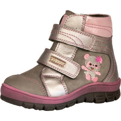 Szamos Szürke -pink két tépőzáras magas szárú , texes,vízálló,téli,bélelt lány cipő maci hímzéssel mintával