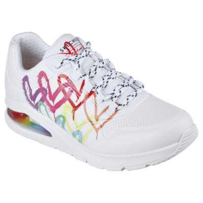 Skechers Uno - Loving Love fehér szines szivekkel 155521-WHT női fűzős sneaker VEGÁN cipő szívescskés ,  
