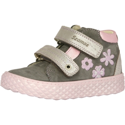 Szamos lány átmeneti, szürke rózsaszín cipő virág mintával , két tépőzárral állítható nagyon jól tartja a gyerek lábát nem engedi bedőlni a bokát  1640-40013