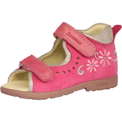 Szamos szupinált rózsaszin-rózsaszín két tépőzáras lány szandál virággokkal, nagyon jól tartja a gyerek lábát és visszakorrígálja a láb bedőlését
