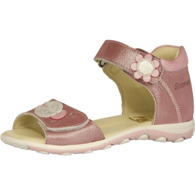 Szamos csillogó rózsaszín-mályva-ezüst  lány szandál kis virágokkal elől tépőzárral amin egy katica van, jól tartja a gyerek lábát, széles és keskeny lábra is jó
