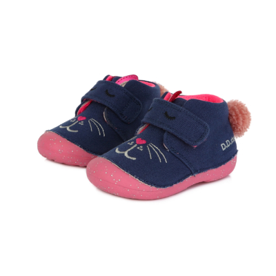 D.D.Step Kislány kék-rózsaszín vászoncipő,két tépőzáras cica mintával ovis benti cipőnek is alkalmas