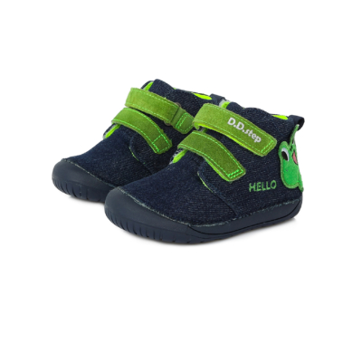 D.D.Step Kisfiú "Barefoot" vászoncipő ,zöld béka mintával,két tépőzáras, ovis benti cipőnek is jó