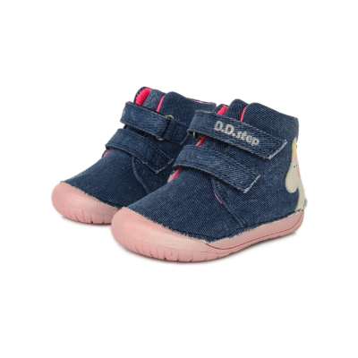 D.D.Step Kislány "Barefoot" vászoncipő kék-pink,unikornis mintával két tépőzárral állítható , ovis benti cipőnek is használható