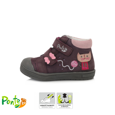 Ponte20 szupinált lila-rózsaszin két tépőzáras lány cipő cica mintával