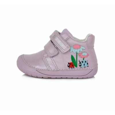 D.D.Step Kislány "Barefoot" mályva bokacipő Tépőzárral szabályozható, kívül-belül bőr gyerekcipő katica és virág mintával S070-270