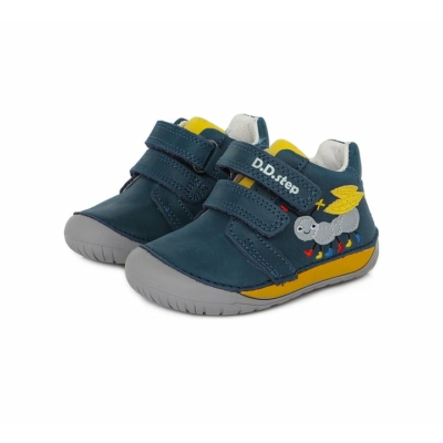 D.D.Step Kisfiú kék sárga  "Barefoot" bokacipő Tépőzárral szabályozható, kívül-belül bőr gyerekcipő fényvisszaverő díszítéssel száz lábú hangya S070-519A