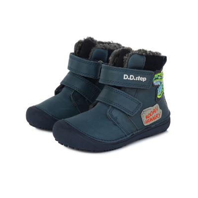 D.D.Step kékl Kisfiú "Barefoot" magasszárú téli bélelt cipő dinó mintával #W063-968