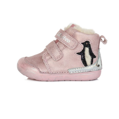 D.D.Step rózsaszín Kislány "első lépés" téli bélelt bokacipő  cuki pingvin mintával #W066-601B