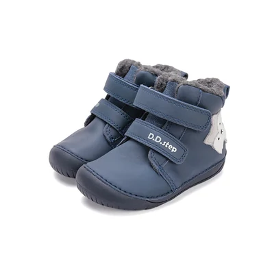 D.D.Step kék Kisfiú téli bélelt vízlepergető Barefoot Zárt cipő Rókával  #W070-52301A